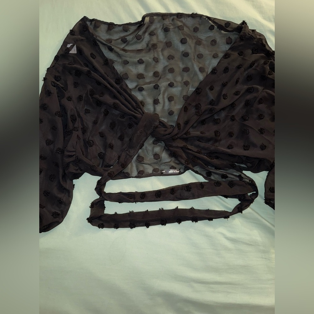 SHEIN Plus Black Sheer Polka Dot Wrap Crop Top
